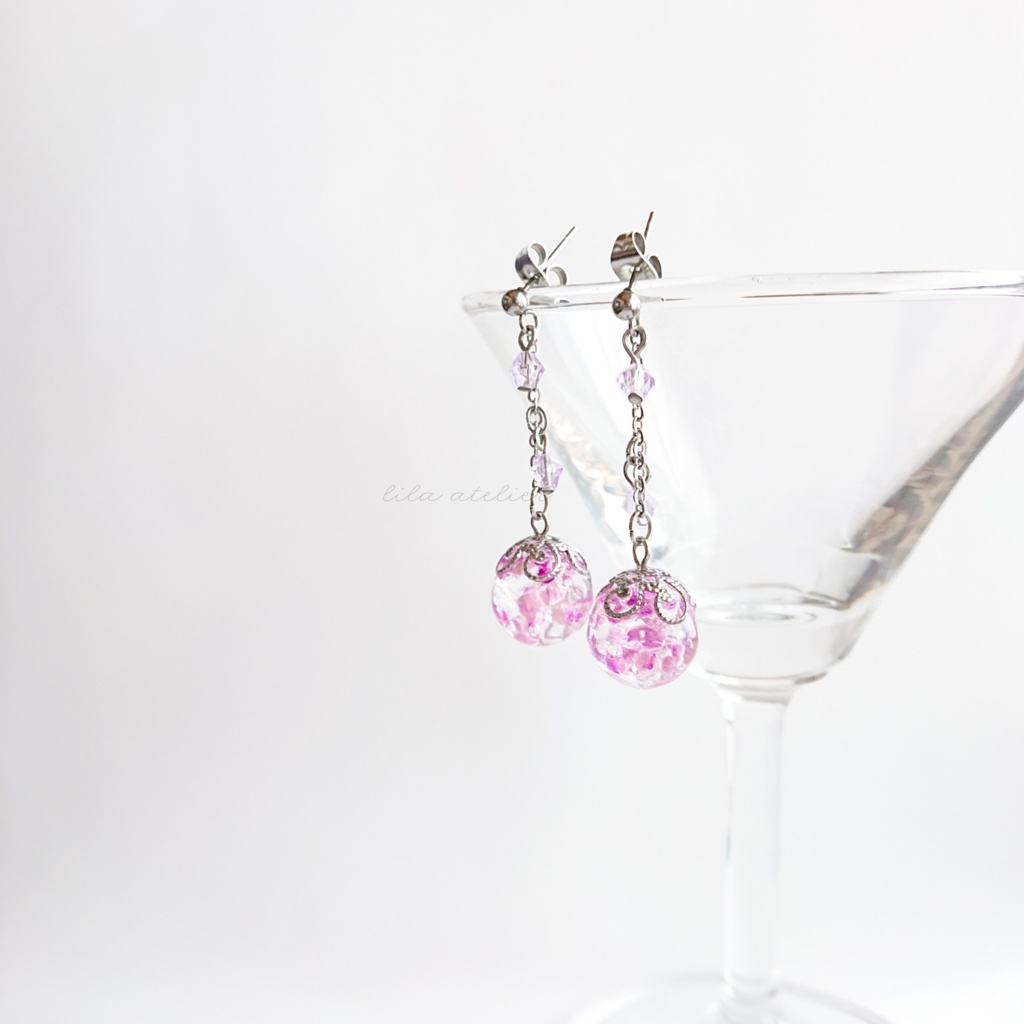 かすみ珠【紫】ロングチェーンピアス/イヤリング(金属アレルギー対応)