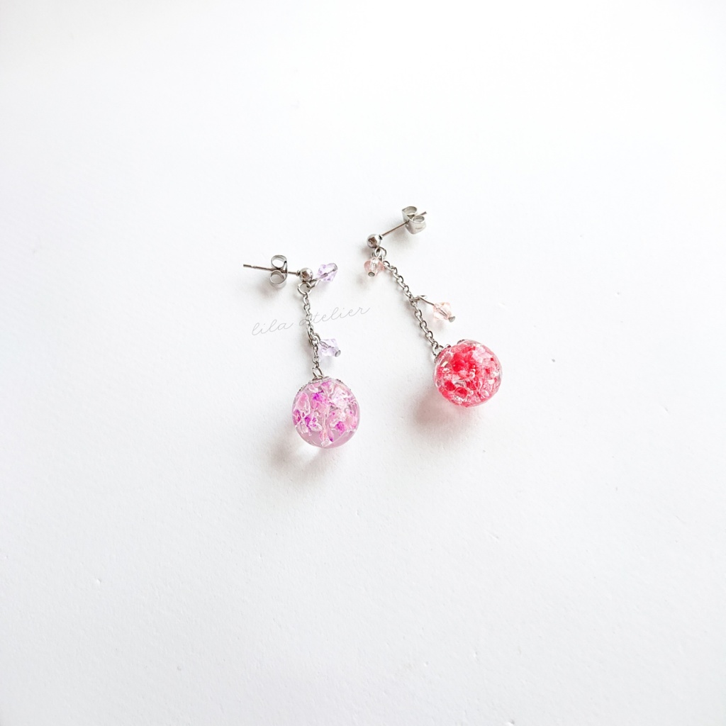 かすみ珠【紅】ロングチェーンピアス/イヤリング(金属アレルギー対応)