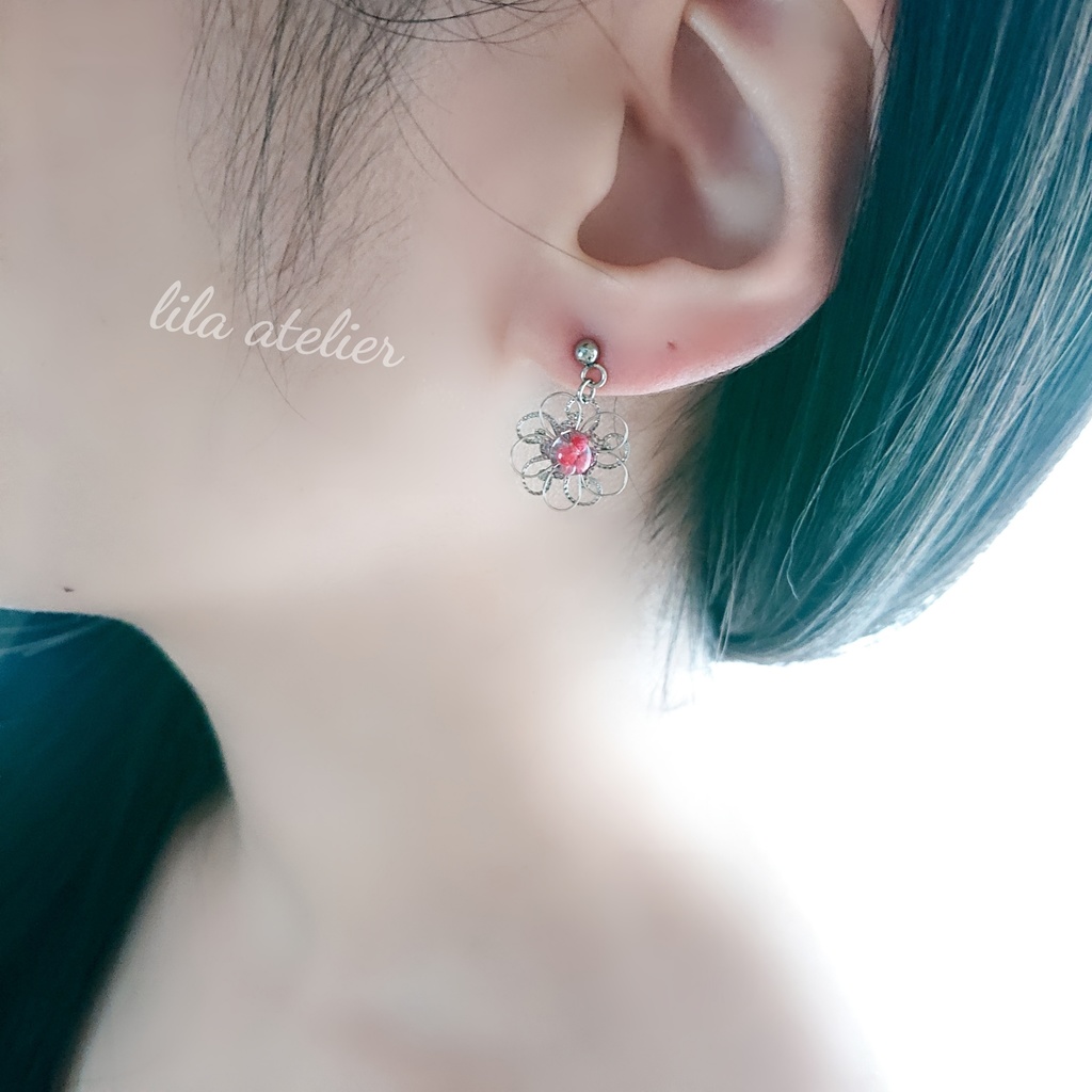 かすみ銀花【紅】ピアス/イヤリング(金属アレルギー対応)