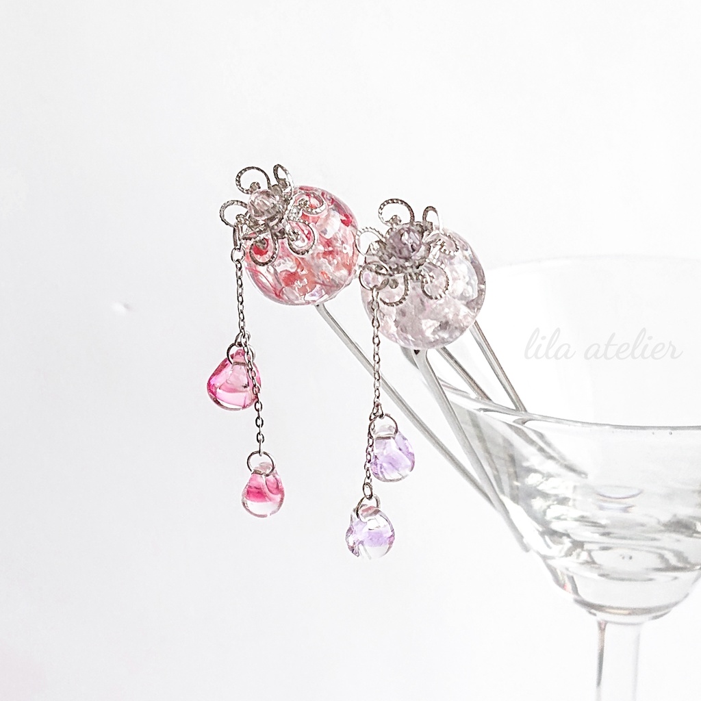 かすみ大珠二又【紫】かんざし(金属アレルギー対応)