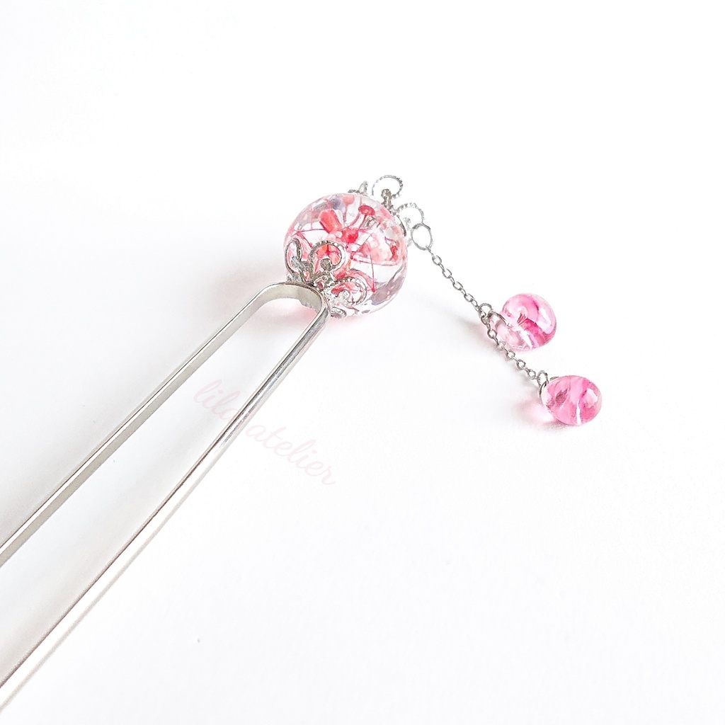 かすみ大珠二又【紅】かんざし(金属アレルギー対応)