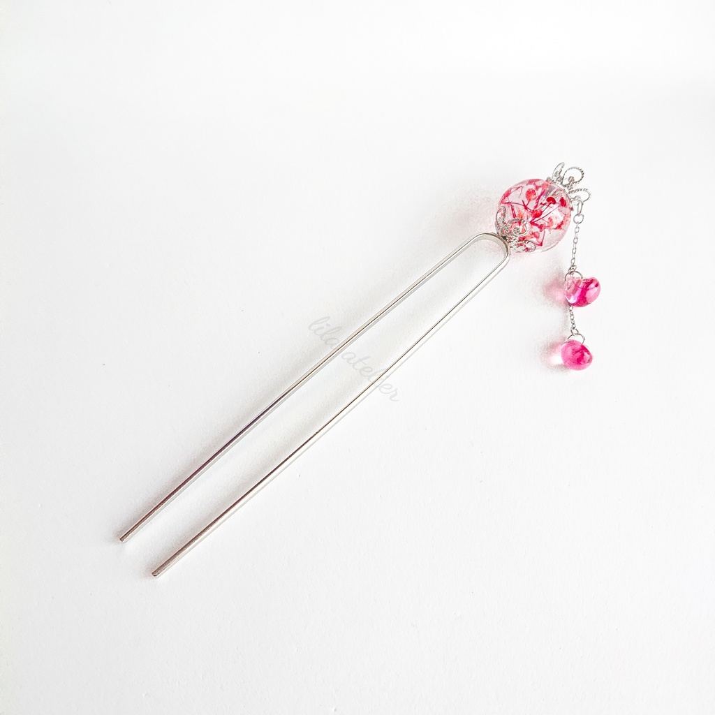 かすみ大珠二又【紅】かんざし(金属アレルギー対応)