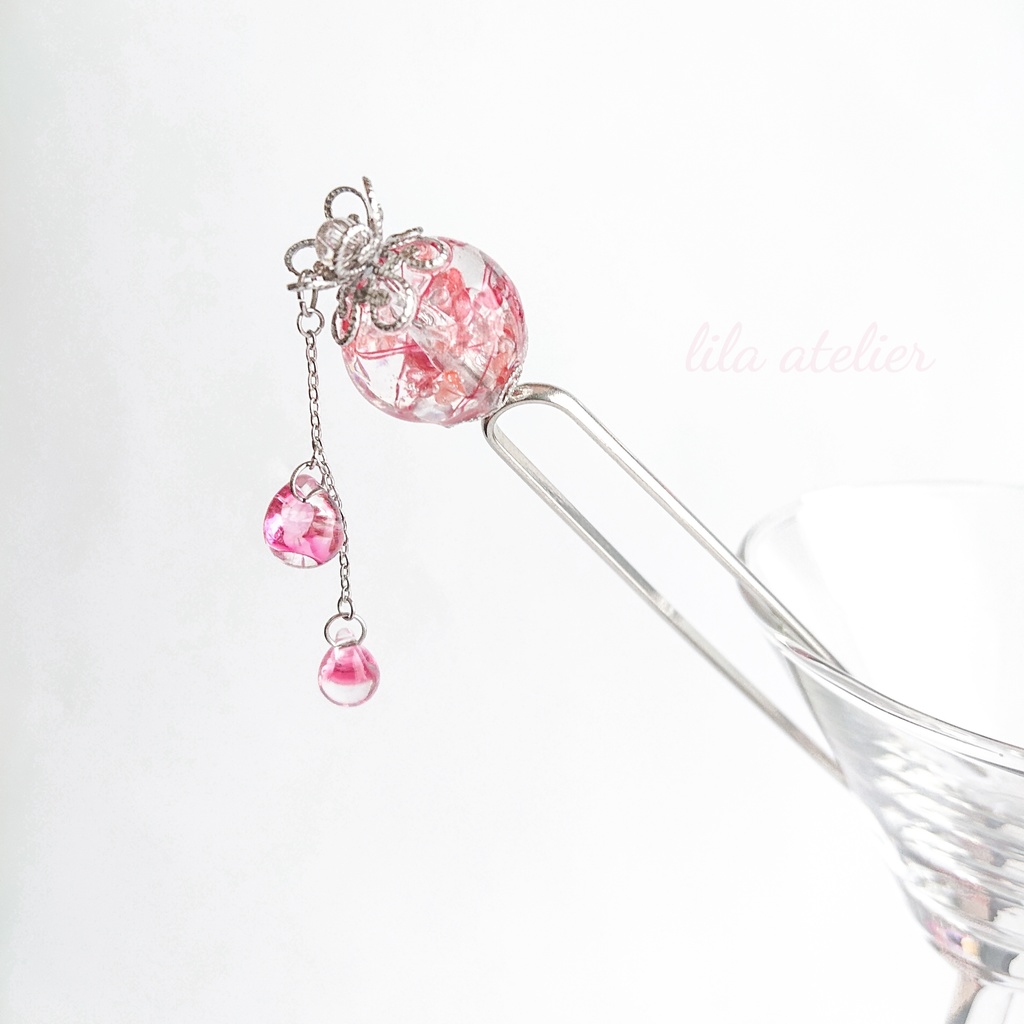 かすみ大珠二又【紅】かんざし(金属アレルギー対応)