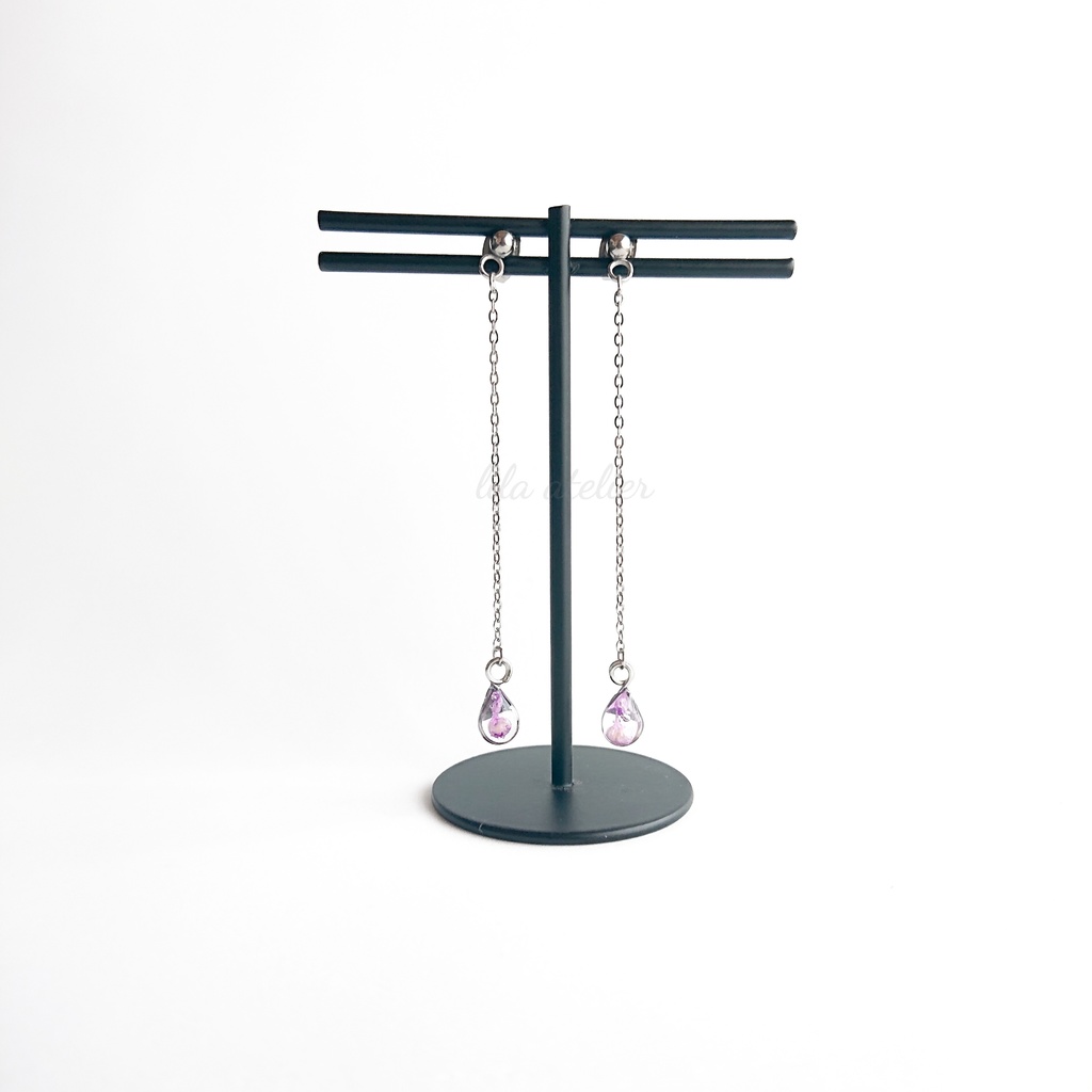 かすみ雫【紫】ロングチェーンピアス/イヤリング(金属アレルギー対応)