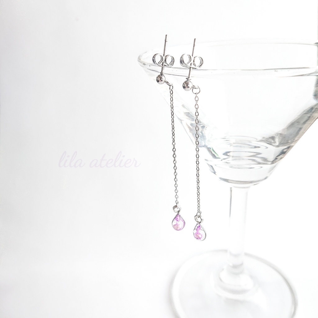 かすみ雫【紫】ロングチェーンピアス/イヤリング(金属アレルギー対応)