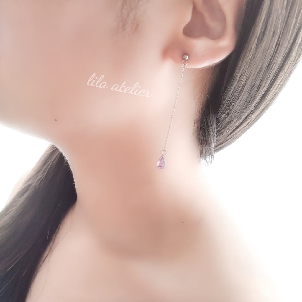 かすみ雫【紫】ロングチェーンピアス/イヤリング(金属アレルギー対応)