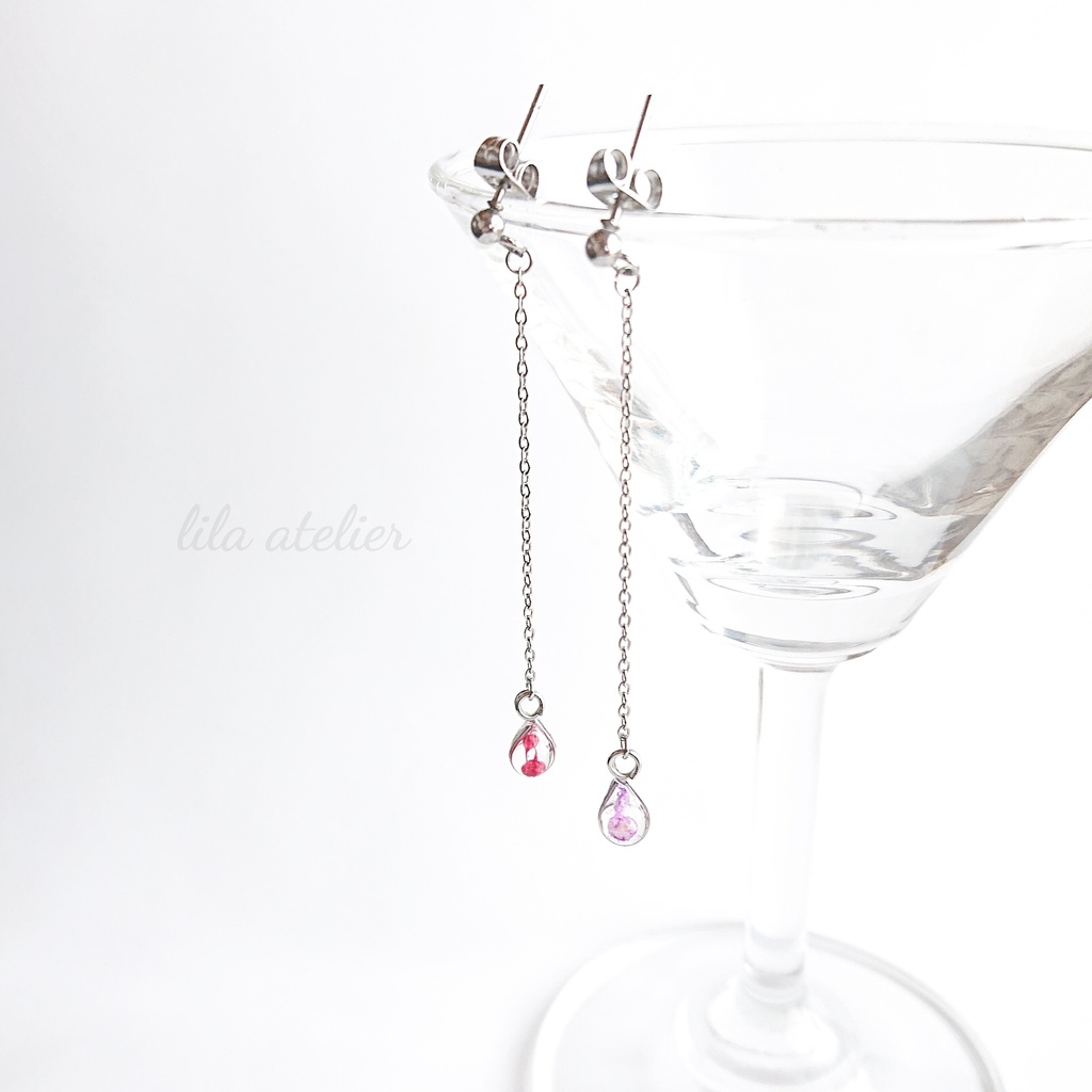 かすみ雫【紫】ロングチェーンピアス/イヤリング(金属アレルギー対応)