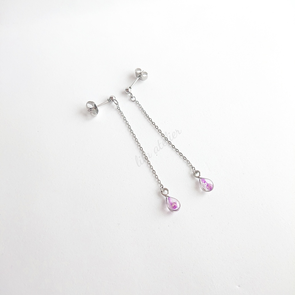 かすみ雫【紫】ロングチェーンピアス/イヤリング(金属アレルギー対応)