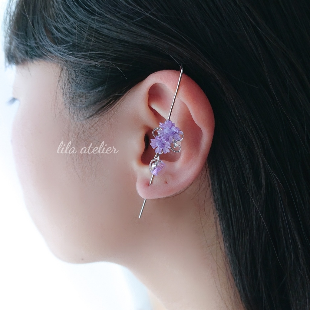 flower resin]ブルーパープル系ビジュー×雫フープピアス/イヤリング