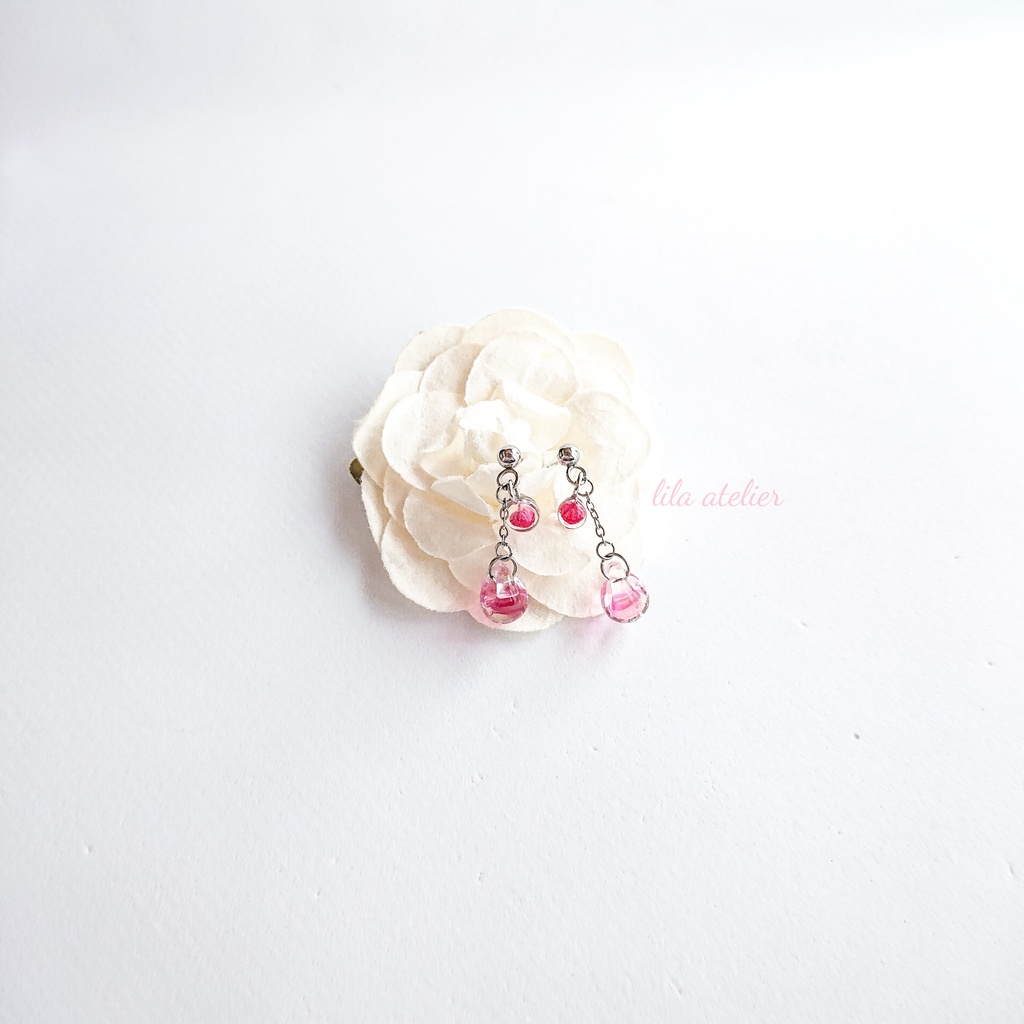 かすみ粒と硝子雫【紅】ピアス/イヤリング(金属アレルギー対応)