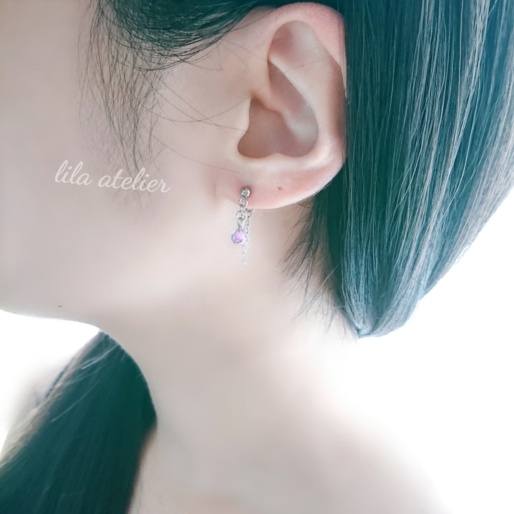 《片耳用》かすみ粒【紫】チェーンピアス(金属アレルギー対応)