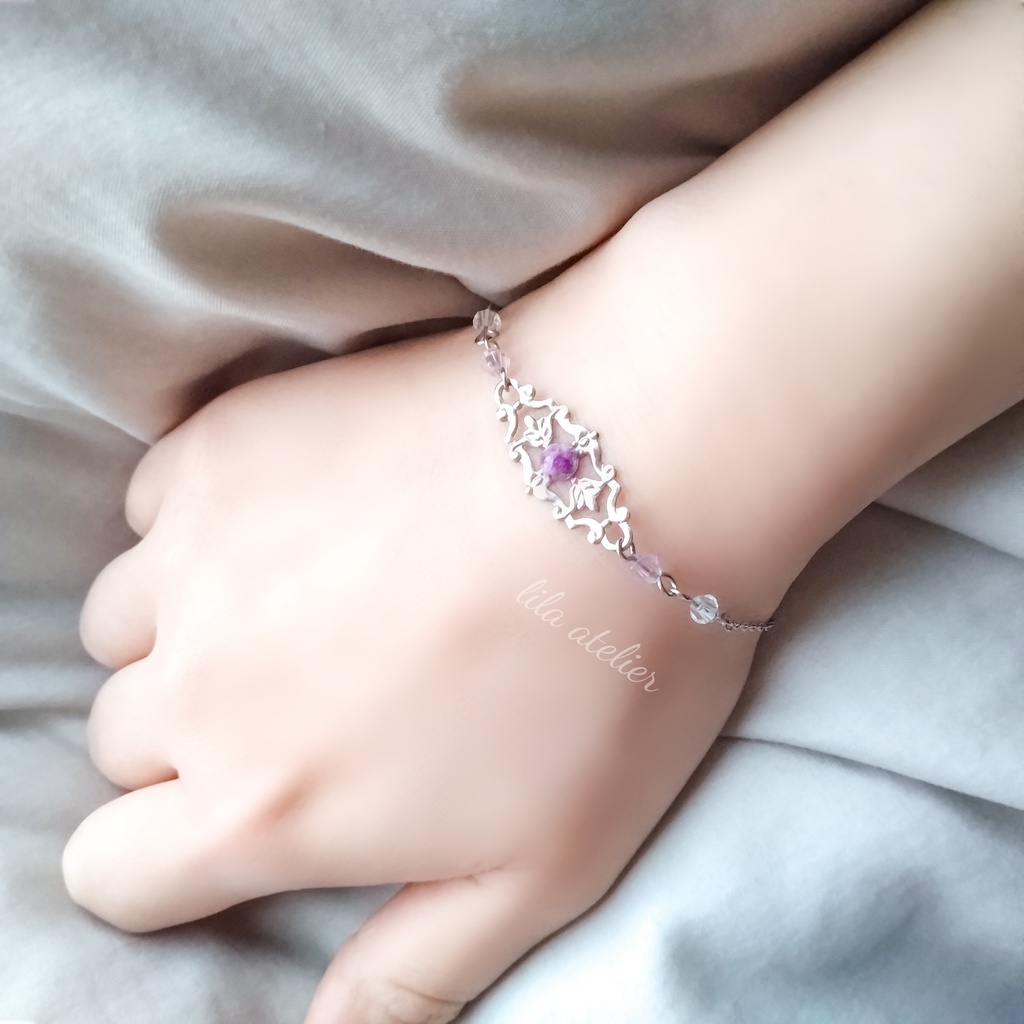 かすみ水中花細工【紫】ブレスレット(金属アレルギー対応)