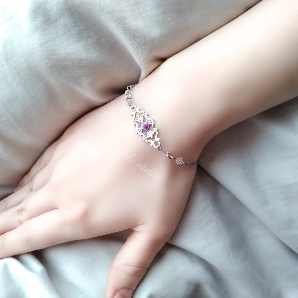 かすみ水中花細工【紫】ブレスレット(金属アレルギー対応)