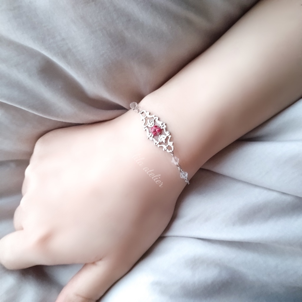 かすみ水中花細工【紅】ブレスレット(金属アレルギー対応)