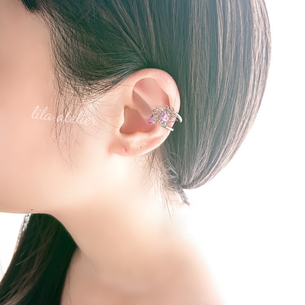 《片耳用》かすみ銀花と雫【紫】イヤーカフ(金属アレルギー対応)