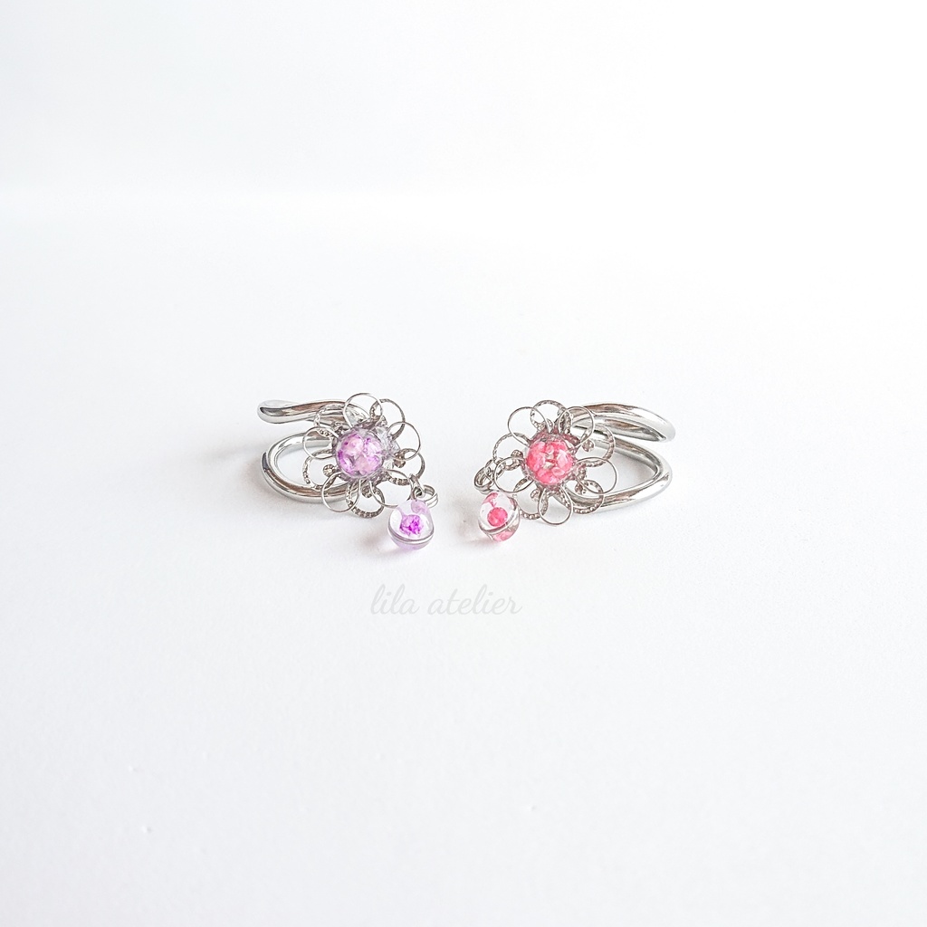 《片耳用》かすみ銀花と雫【紫】イヤーカフ(金属アレルギー対応)