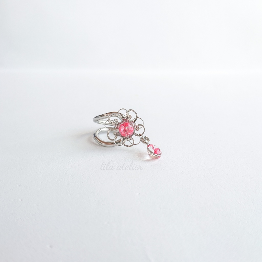 《片耳用》かすみ銀花と雫【紅】イヤーカフ(金属アレルギー対応)