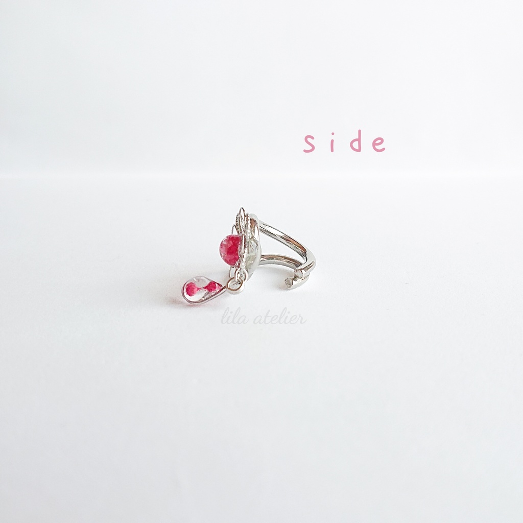 《片耳用》かすみ銀花と雫【紅】イヤーカフ(金属アレルギー対応)