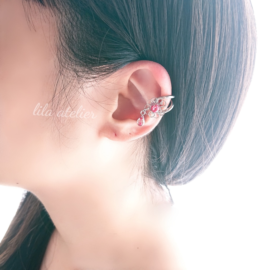 《片耳用》かすみ銀花と雫【紅】イヤーカフ(金属アレルギー対応)