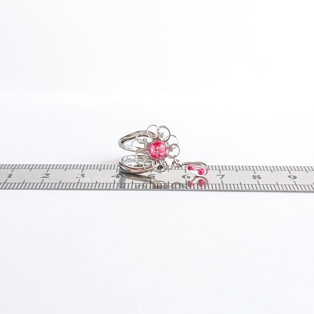 《片耳用》かすみ銀花と雫【紅】イヤーカフ(金属アレルギー対応)