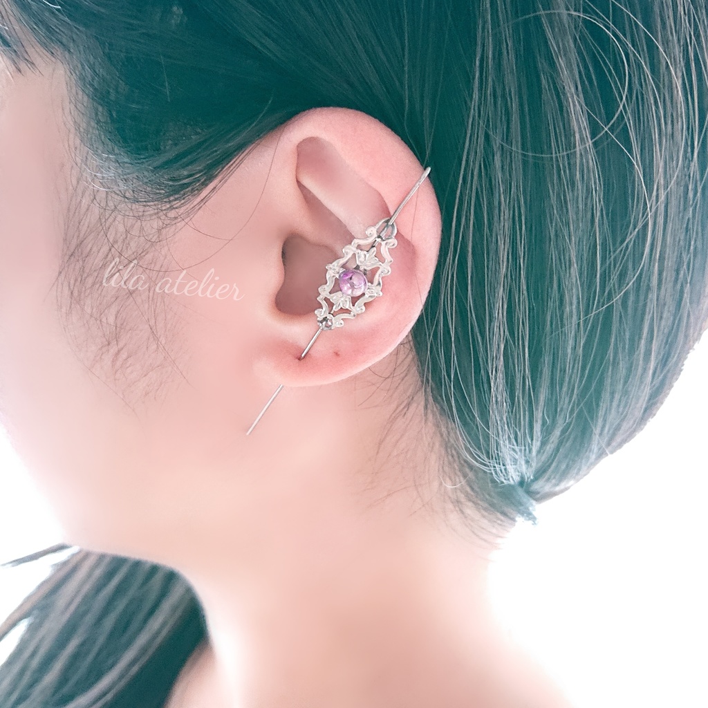 《片耳用》かすみ水中花細工【紫】イヤーラップクローラーフックピアス(金属アレルギー対応)