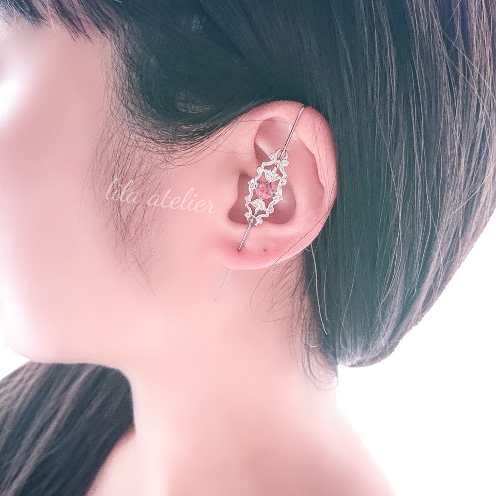 《片耳用》かすみ水中花細工【紅】イヤーラップクローラーフックピアス(金属アレルギー対応)