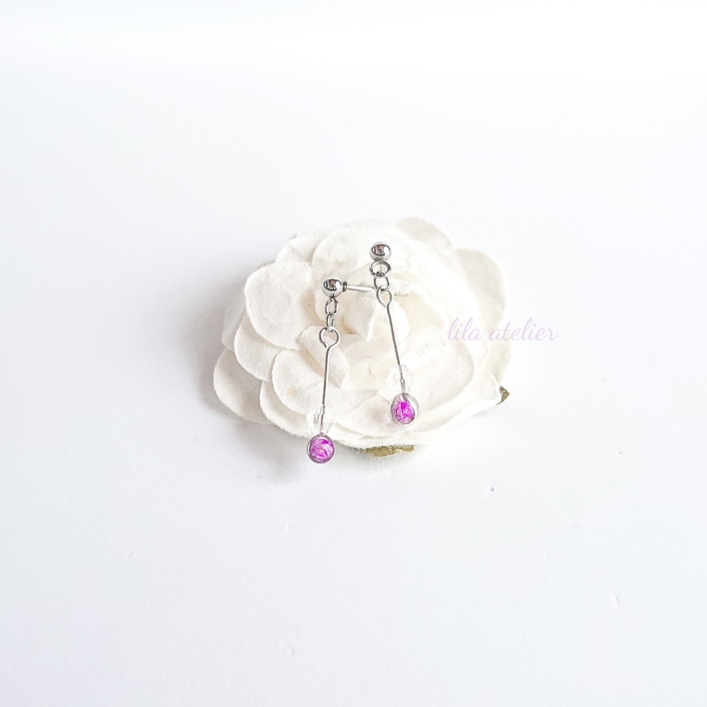 かすみ粒【紫】ロングピアス/イヤリング(金属アレルギー対応)