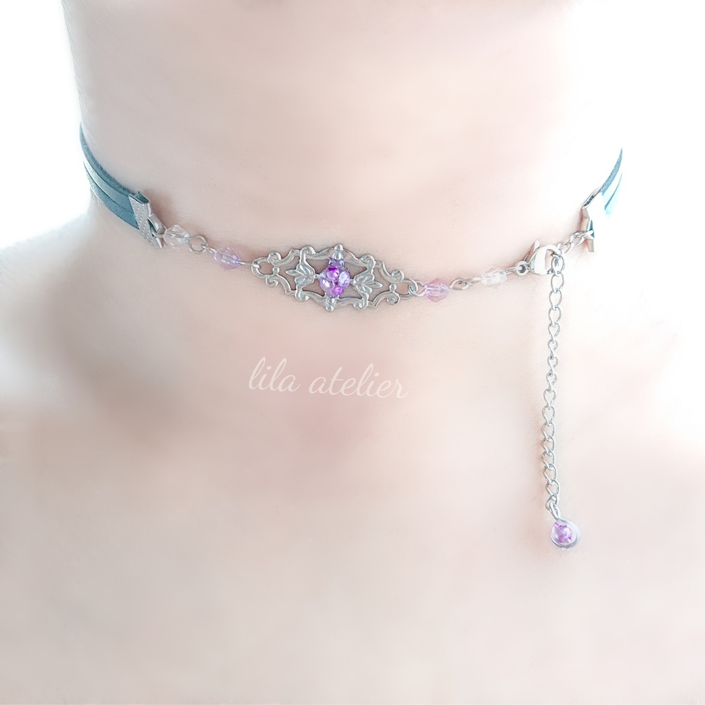 かすみ水中花細工【紫】チョーカー(金属アレルギー対応)