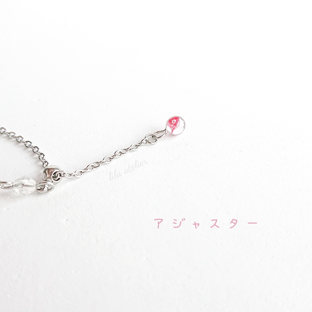 かすみ水中花と粒【紅】チェーンリング(金属アレルギー対応)