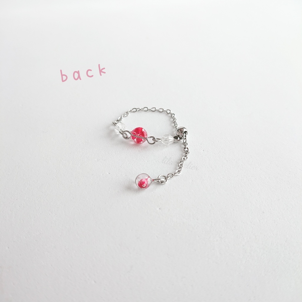 かすみ水中花と粒【紅】チェーンリング(金属アレルギー対応)