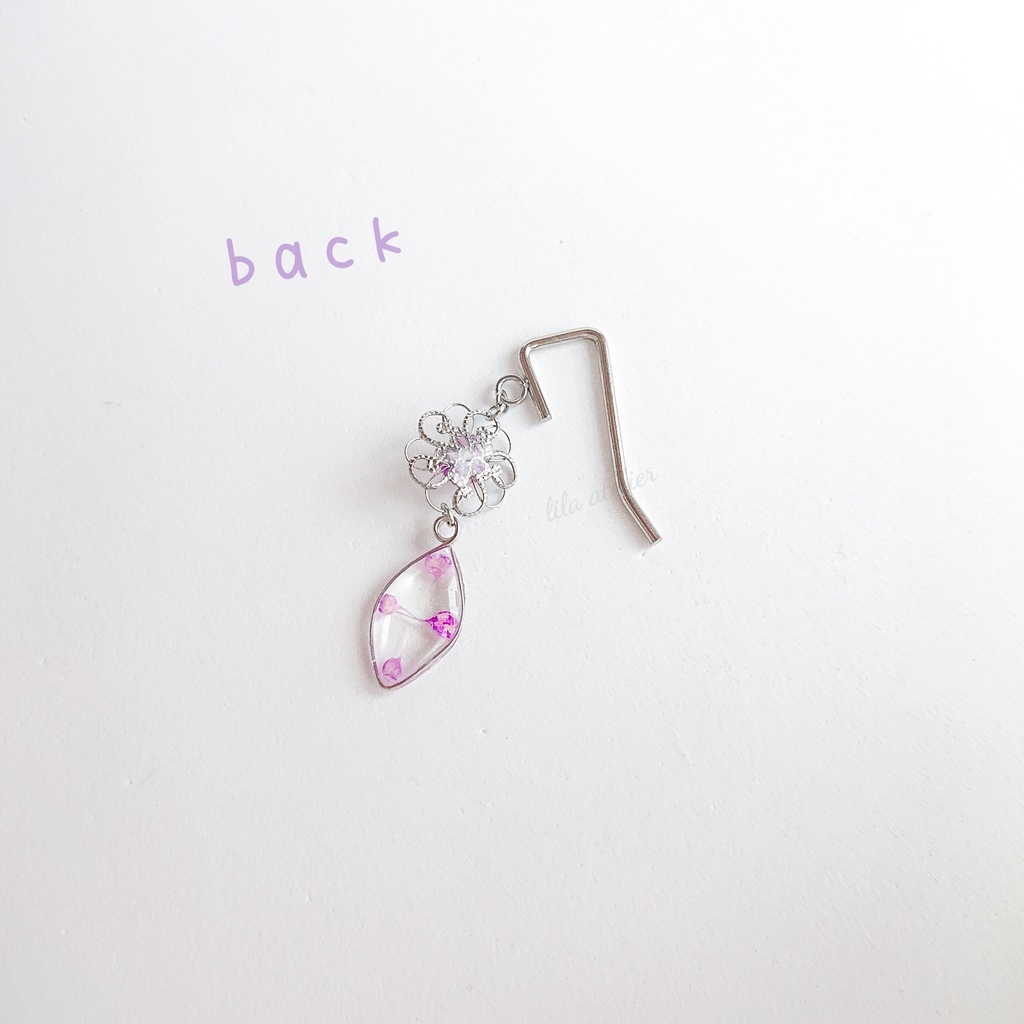 かすみ銀花と葉【紫】ポニーフック(金属アレルギー対応)