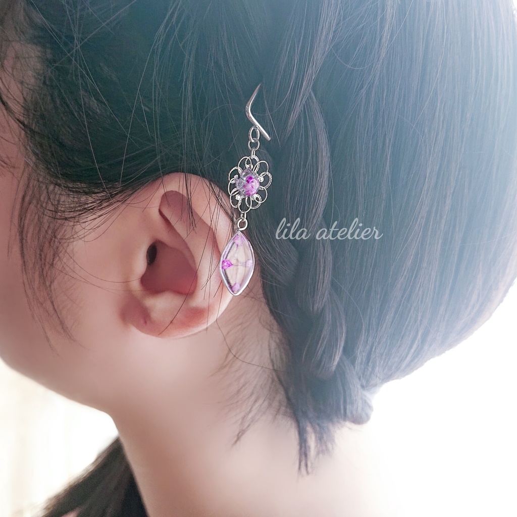 かすみ銀花と葉【紫】ポニーフック(金属アレルギー対応)