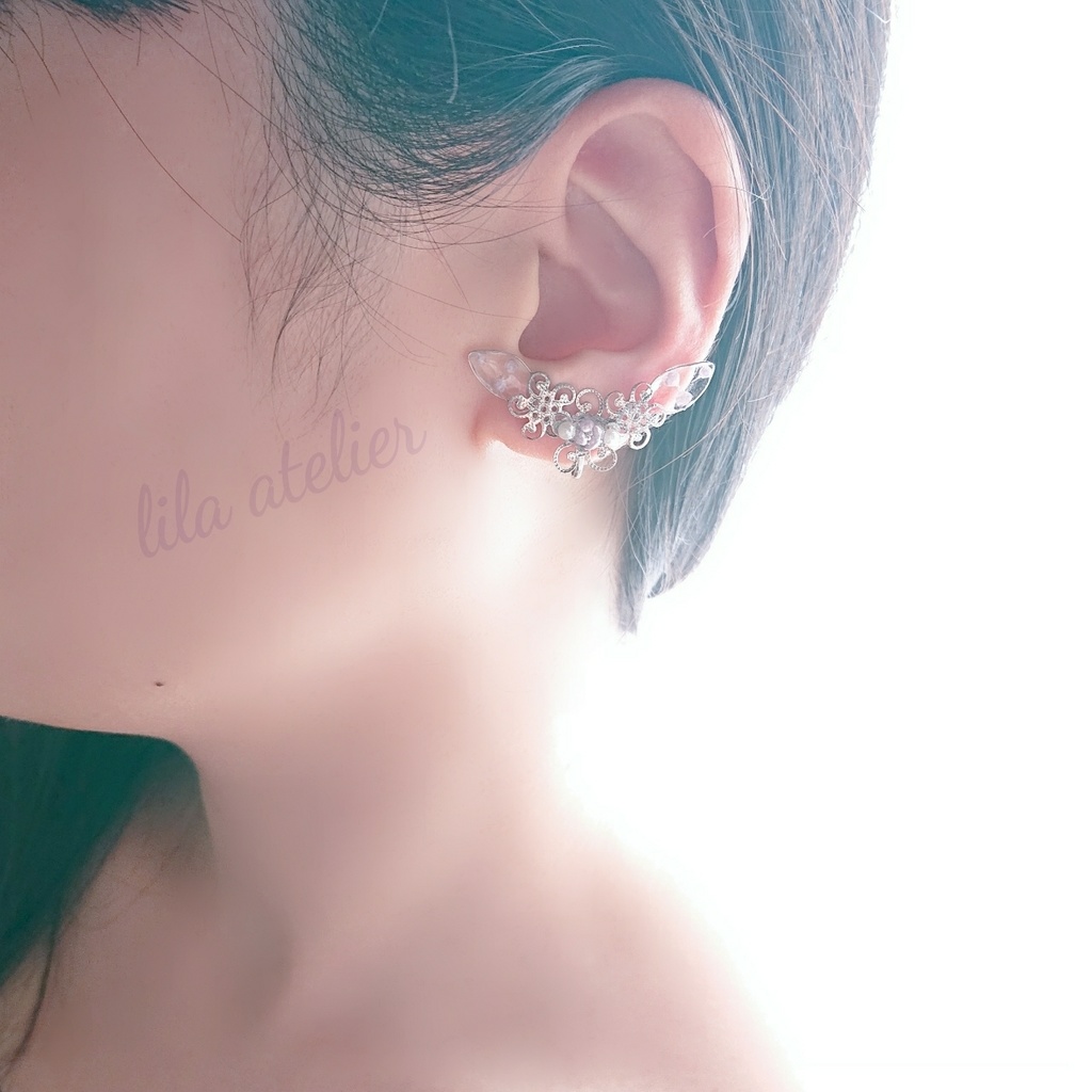 《片耳用》かすみ水中花と葉【紫】イヤークリップ(金属アレルギー対応)