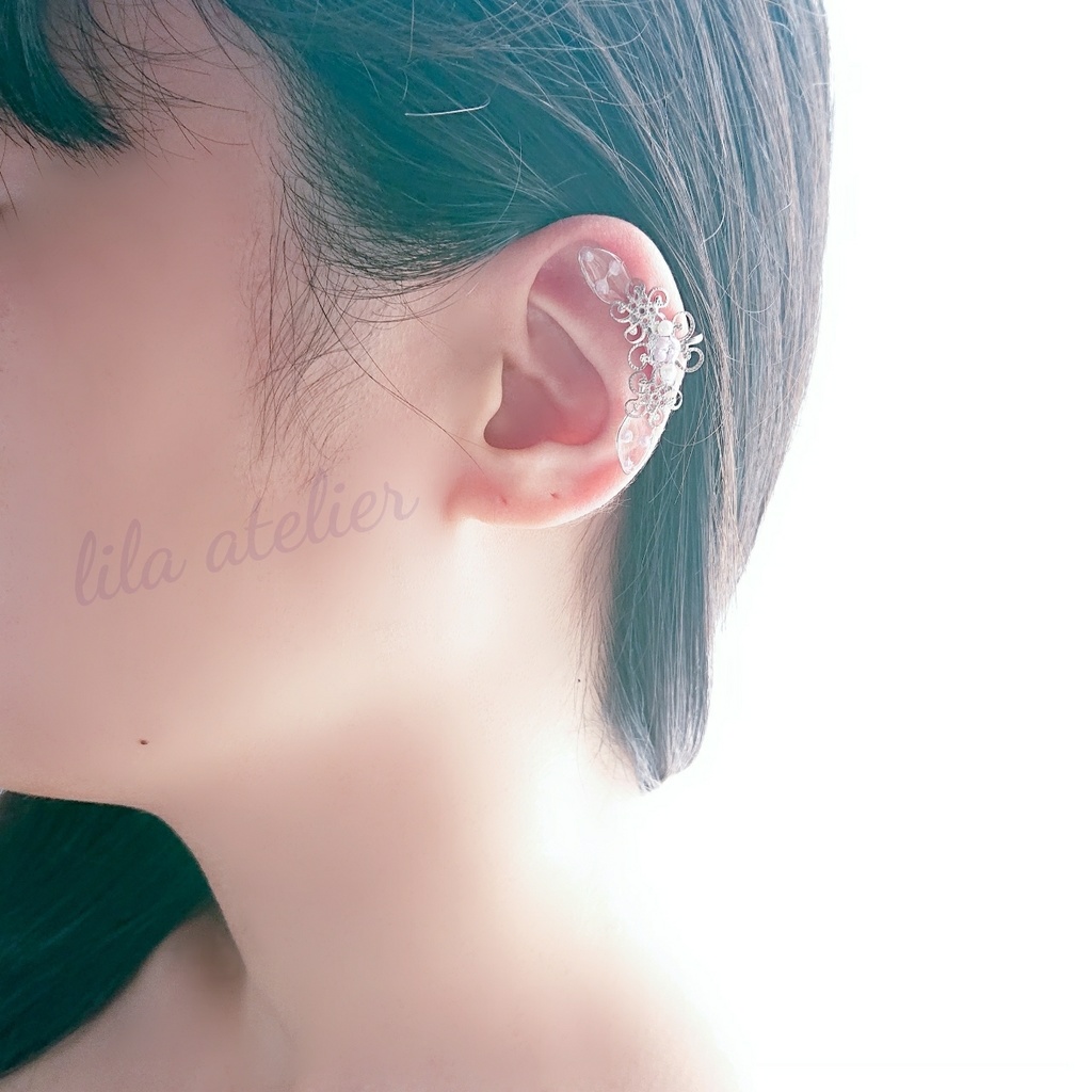 《片耳用》かすみ水中花と葉【紫】イヤークリップ(金属アレルギー対応)