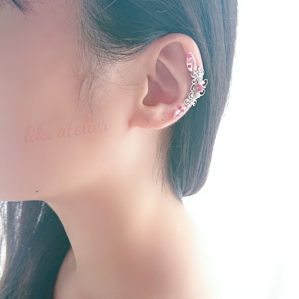 《片耳用》かすみ水中花と葉【紅】イヤークリップ(金属アレルギー対応)