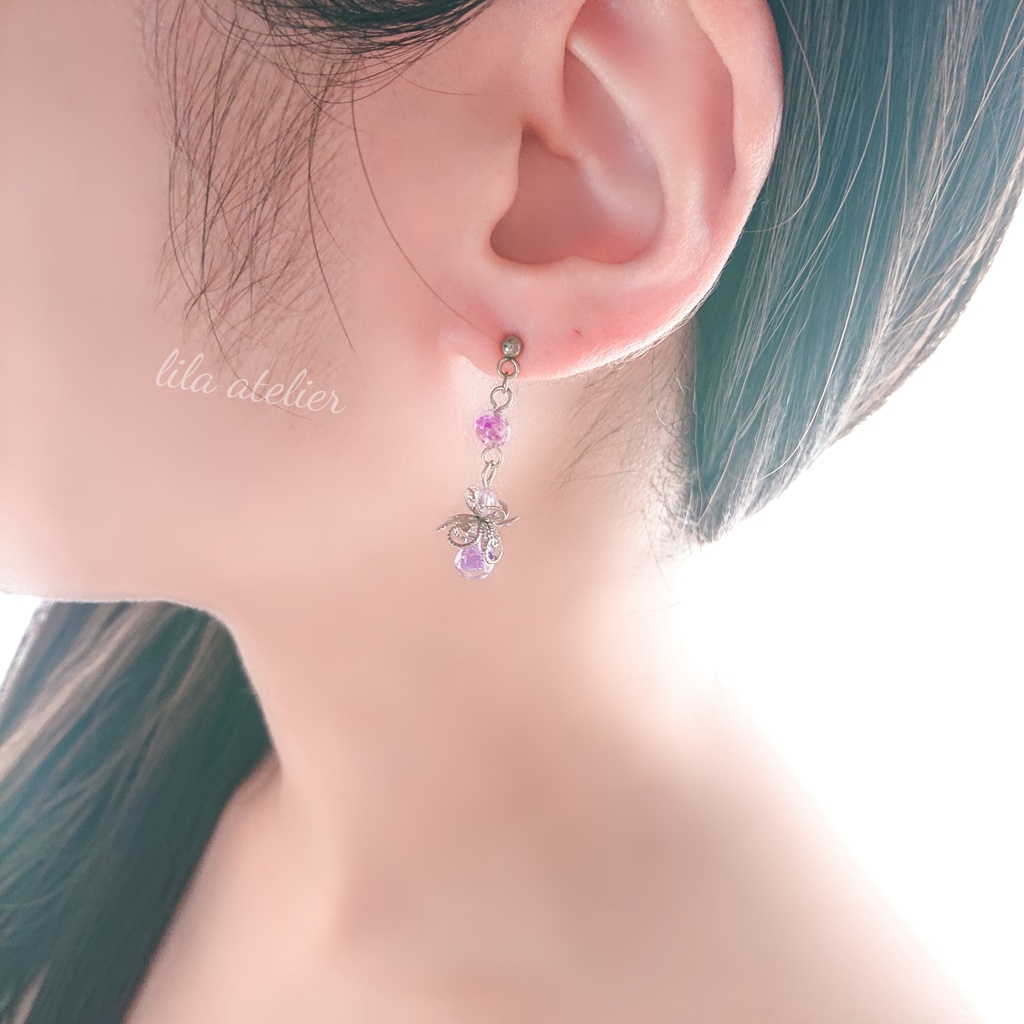 かすみ水中花と硝子花【紫】ピアス/イヤリング(金属アレルギー対応)