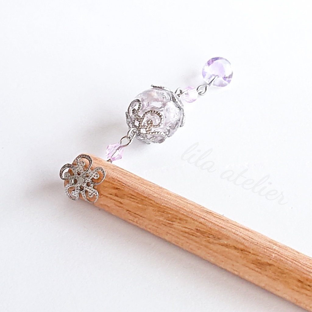 かすみ珠【紫】木製かんざし(金属アレルギー対応)