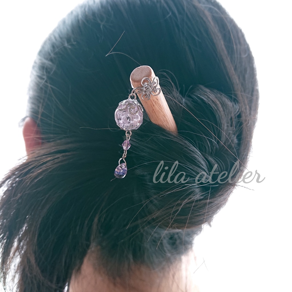 かすみ珠【紫】木製かんざし(金属アレルギー対応)