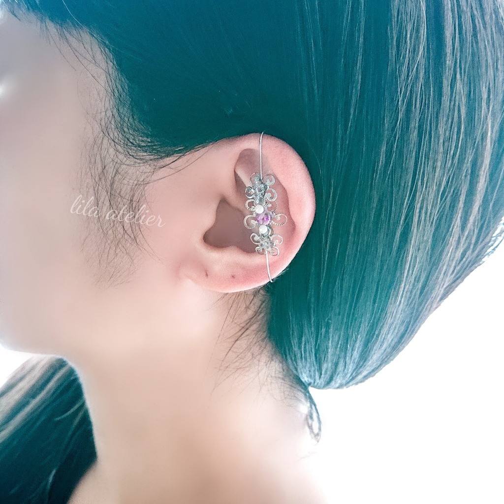 《片耳用》かすみ水中花と花細工【紫】カバーカフ(金属アレルギー対応)