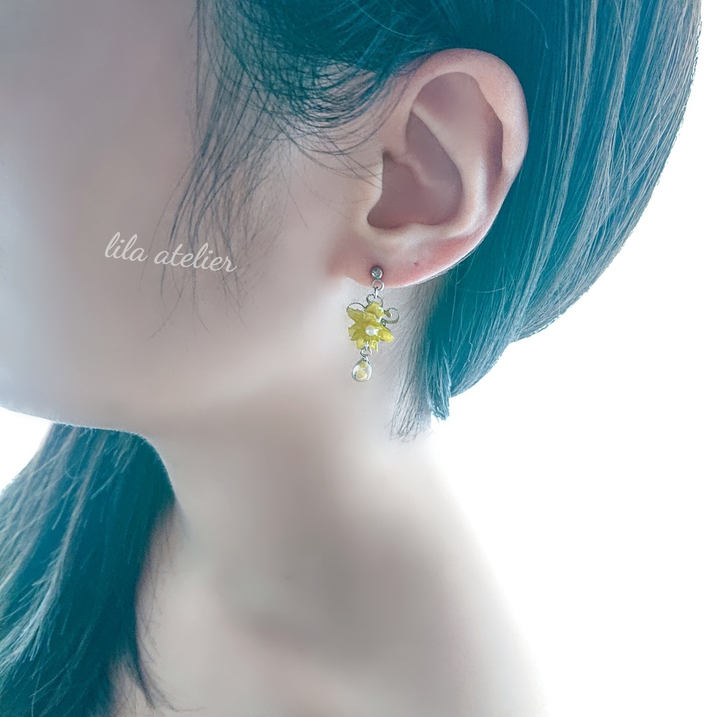 かすみ雫【翠】とミニコーンフラワー ピアス/イヤリング(金属アレルギー対応)