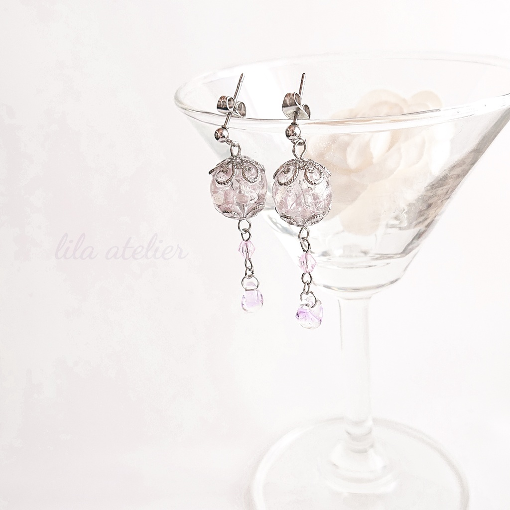 かすみ珠【紫】と硝子雫ピアス／イヤリング（金属アレルギー対応）