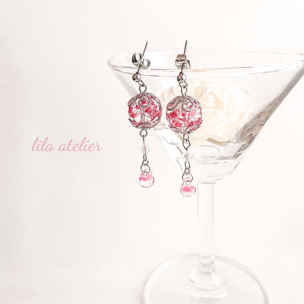 かすみ珠【紅】と硝子雫ピアス／イヤリング（金属アレルギー対応）