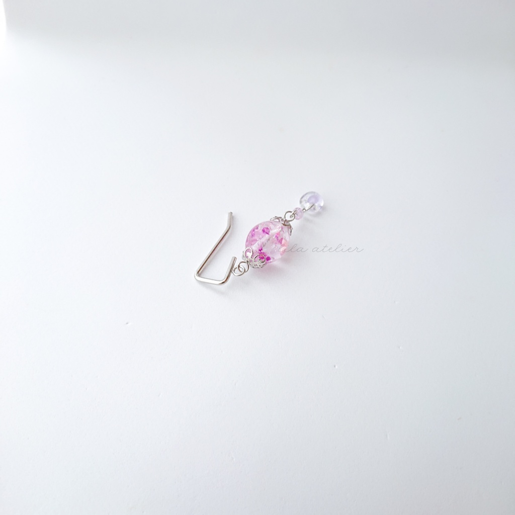 かすみ長珠【紫】と硝子雫ポニーフック(金属アレルギー対応)