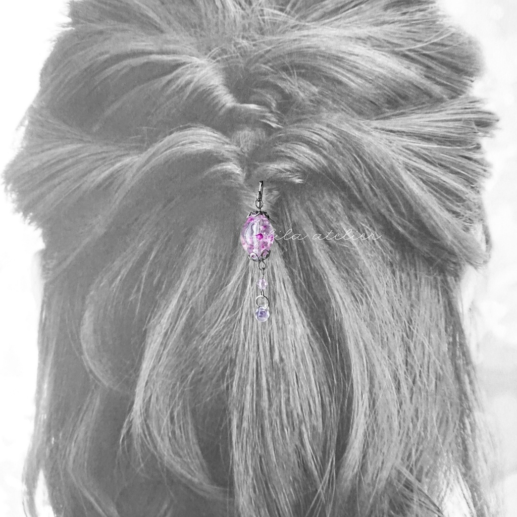 かすみ長珠【紫】と硝子雫ポニーフック(金属アレルギー対応)