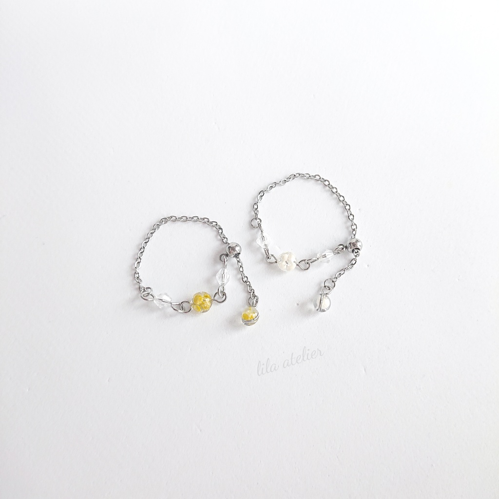 かすみ水中花と粒【翠】チェーンリング(金属アレルギー対応)