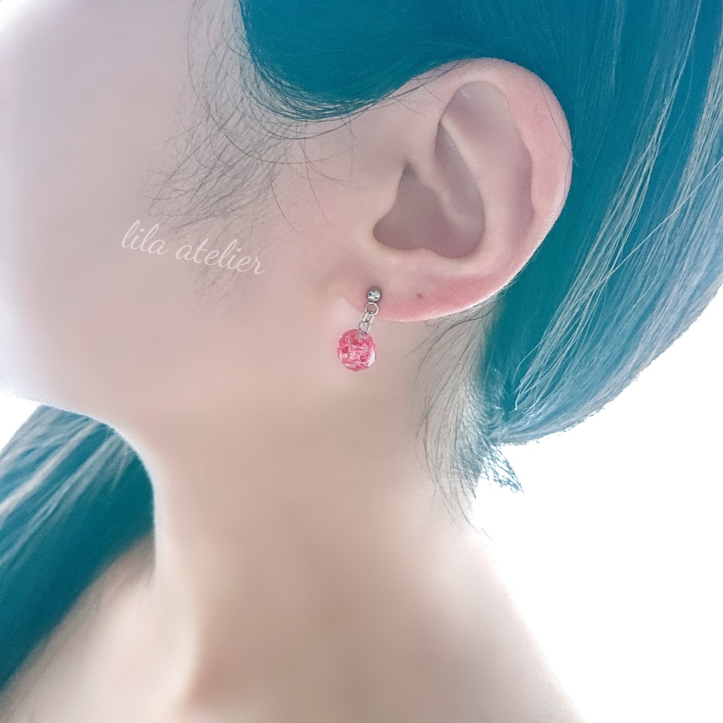 かすみ小珠【紅】ピアス/イヤリング(金属アレルギー対応)