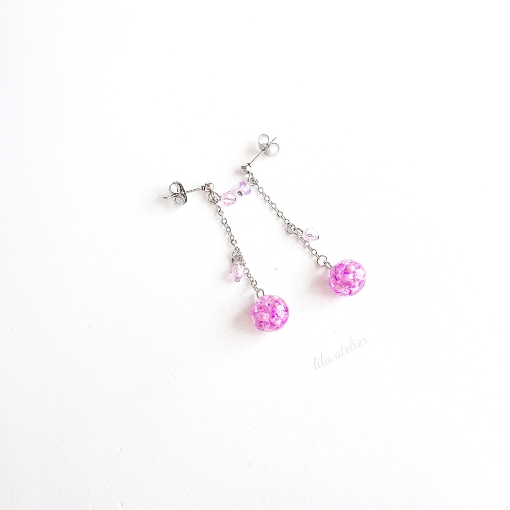 かすみ小珠【紫】ロングチェーンピアス/イヤリング(金属アレルギー対応)