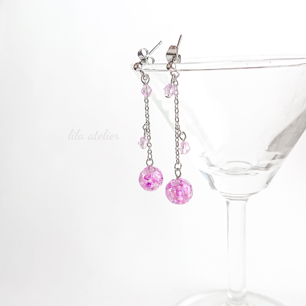 かすみ小珠【紫】ロングチェーンピアス/イヤリング(金属アレルギー対応)