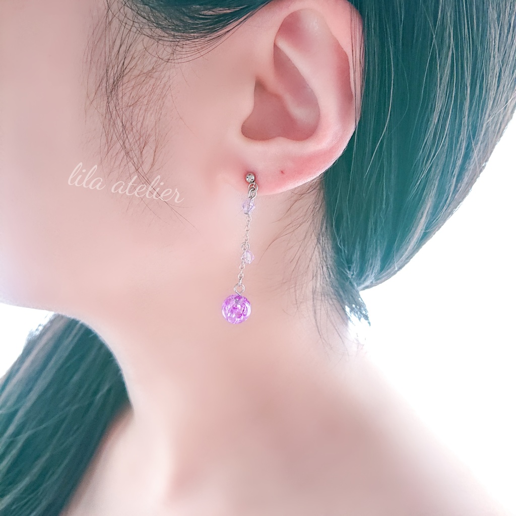 かすみ小珠【紫】ロングチェーンピアス/イヤリング(金属アレルギー対応)