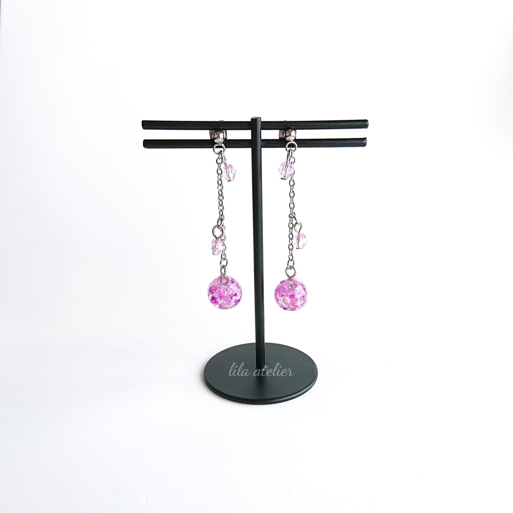 かすみ小珠【紫】ロングチェーンピアス/イヤリング(金属アレルギー対応)